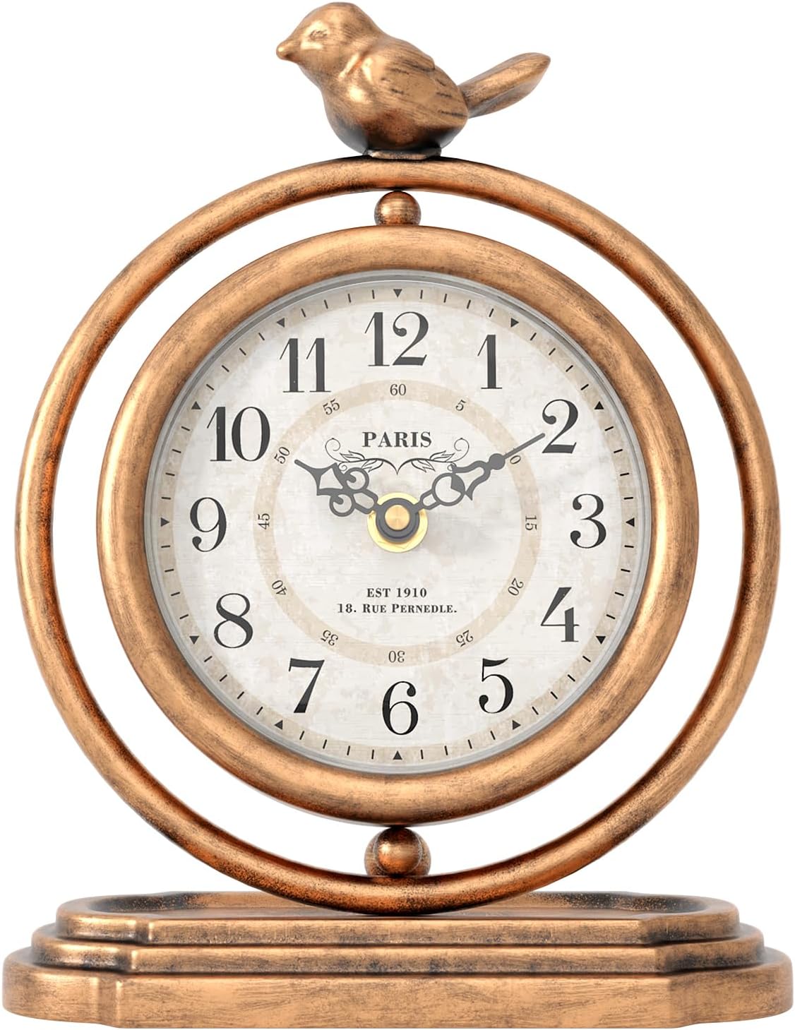 Gold Vintage Table Clock with Bird, European Retro Style Mantel Clocks, Desk and Shelf Decor Clock, for Living Room, Farmhouse, Bedside, Bedroom, Gift (7.9 H x 6.3 W)